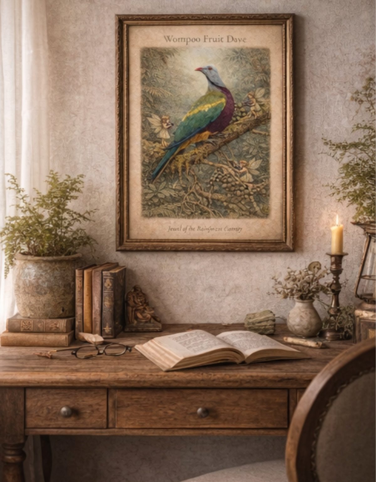 Wompoo Fruit Dove Art Print | Australian Bird Digital Download | Fairy Rainforest Wall Art | Vintage Naturalist Illustration Print