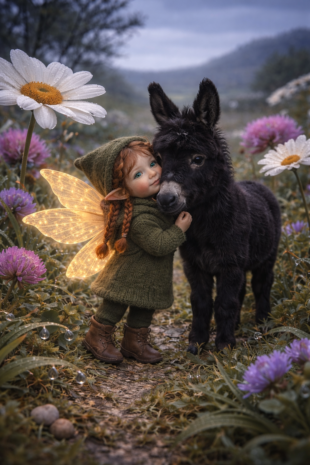 Clover Cuddle Fairy Art Print | Dark Donkey Digital Download | Whimsical Fairy Wall Art | Fairymount Tiny Companions
