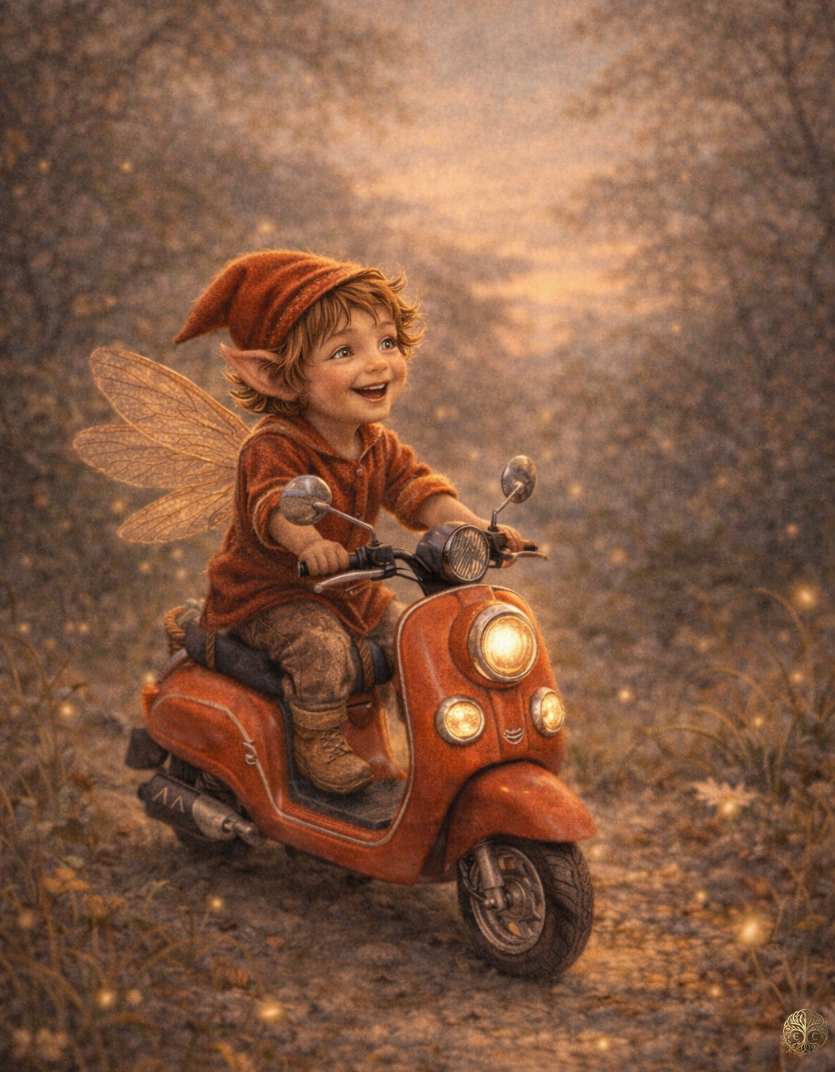 Tiny Travels – Red Scooter Fairy Art Print | Enchanted Celtic Digital Download
