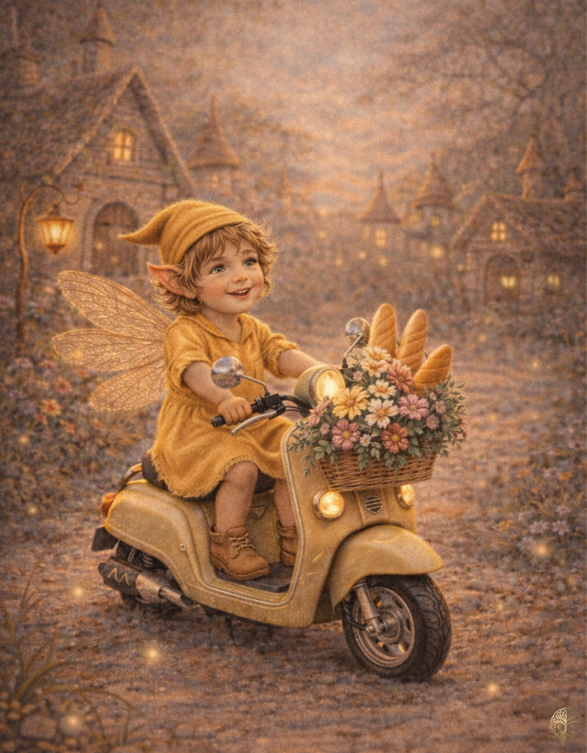 Tiny Travels – Yellow Scooter Fairy Art Print | Enchanted Celtic Digital Download