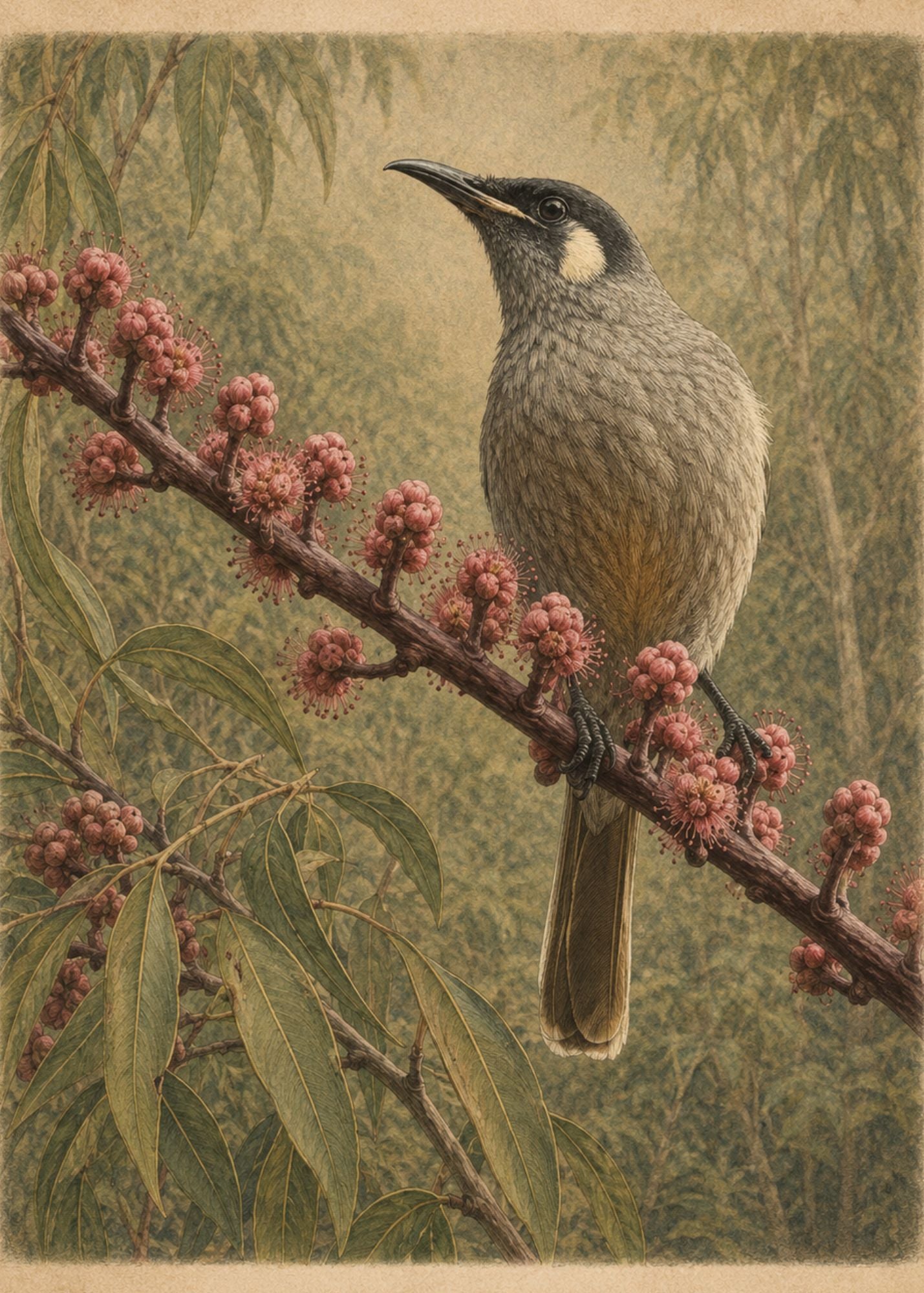 Lewin's Honeyeater | Fairymount Vintage Bird Collection | Field Guide Digital Art Print