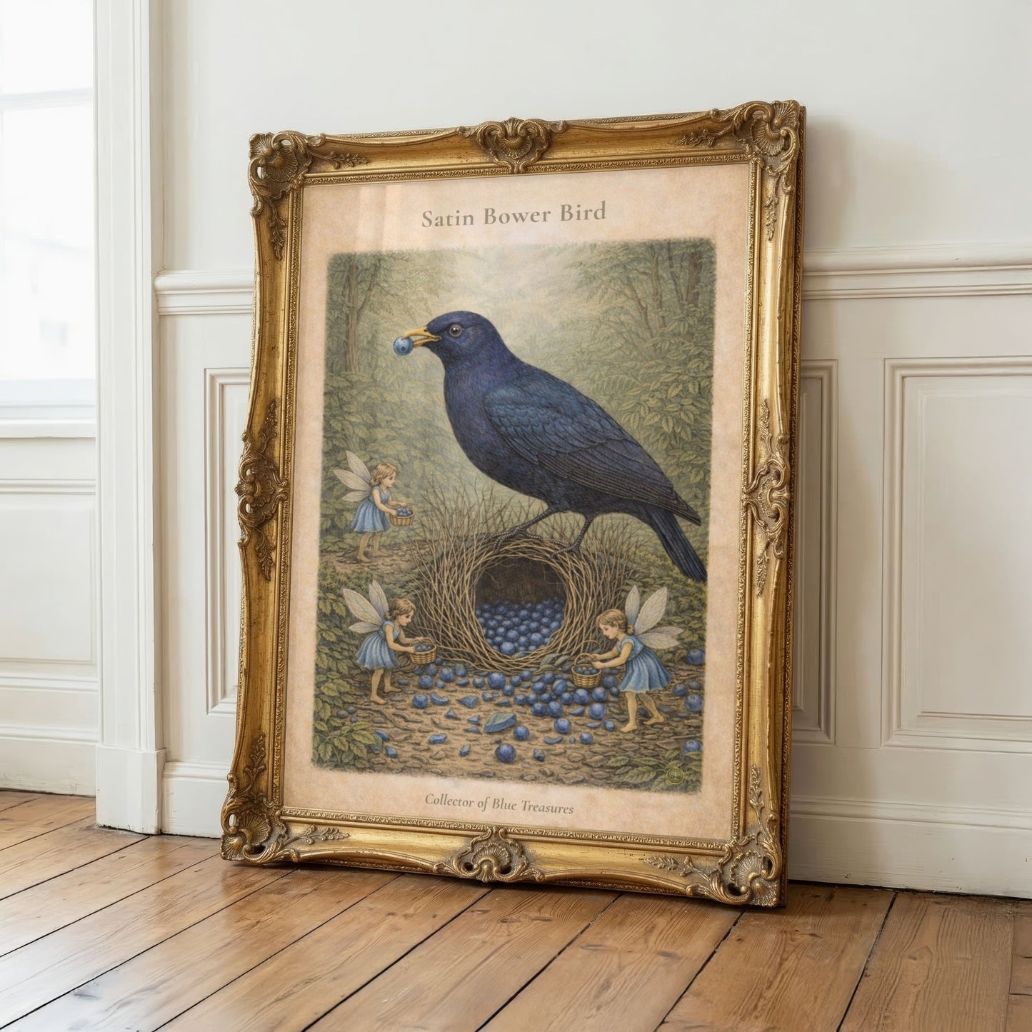 Satin Bowerbird Art Print | Australian Bird Digital Download | Fairy Wall Art | Vintage Naturalist Illustration Print
