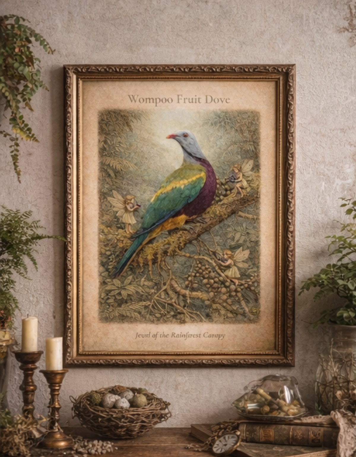 Wompoo Fruit Dove Art Print | Australian Bird Digital Download | Fairy Rainforest Wall Art | Vintage Naturalist Illustration Print