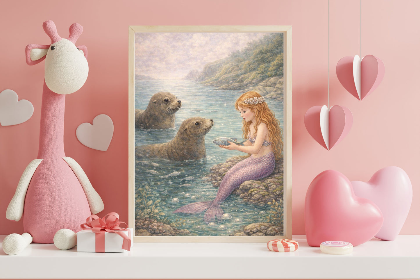 Morning Offering Mermaid Art Print | Australian Fur Seal Digital Download | Coastal Mermaid Wall Art | Watercolour Illustration Print
