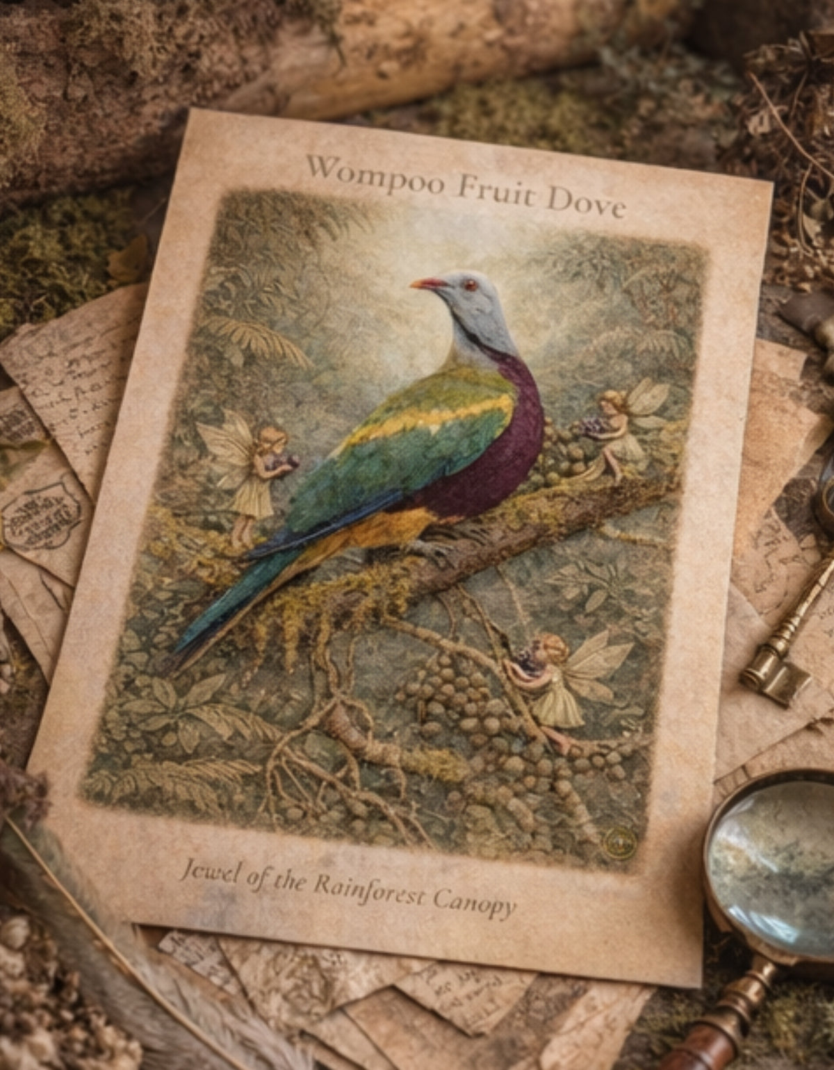Wompoo Fruit Dove Art Print | Australian Bird Digital Download | Fairy Rainforest Wall Art | Vintage Naturalist Illustration Print