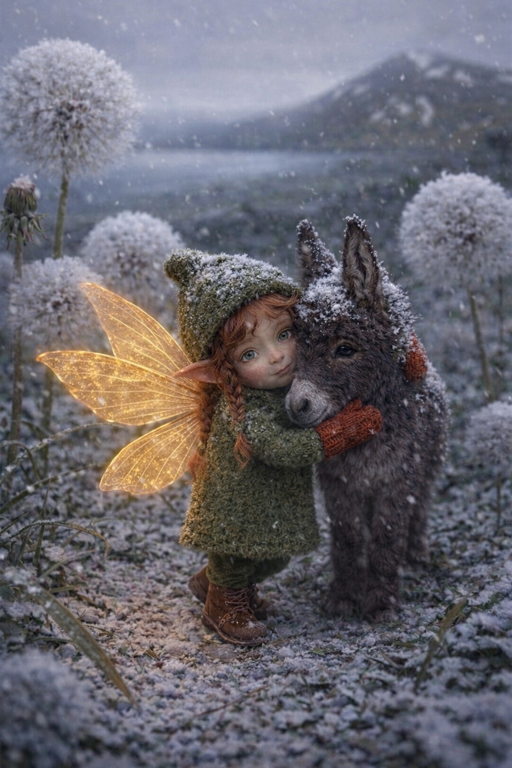 Winter Warmth Fairy Art Print | Grey Donkey Digital Download | Whimsical Fairy Wall Art | Fairymount Tiny Companions