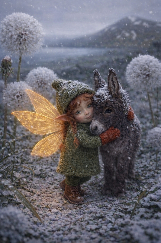 Winter Warmth Fairy Art Print | Grey Donkey Digital Download | Whimsical Fairy Wall Art | Fairymount Tiny Companions