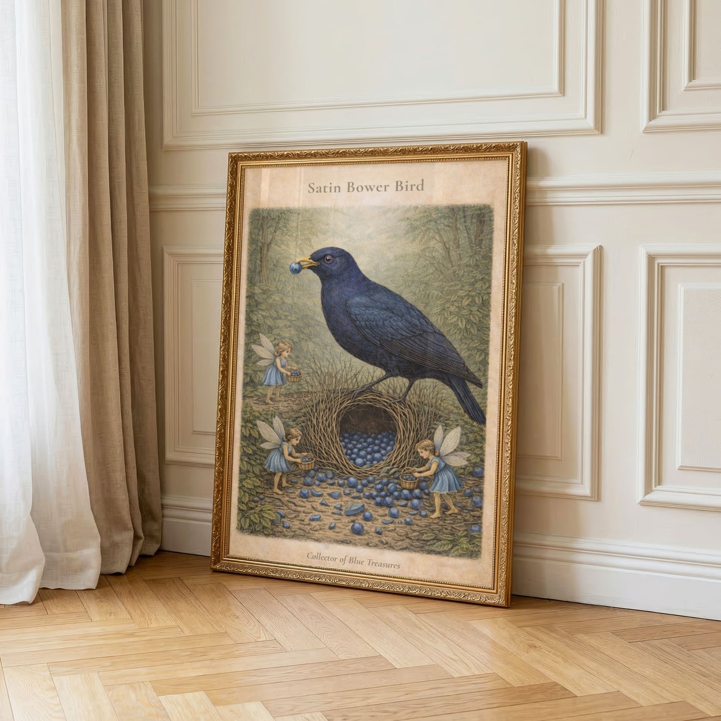Satin Bowerbird Art Print | Australian Bird Digital Download | Fairy Wall Art | Vintage Naturalist Illustration Print