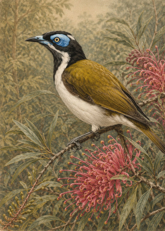 Blue-faced Honeyeater | Fairymount Vintage Bird Collection | Field Guide Digital Art Print