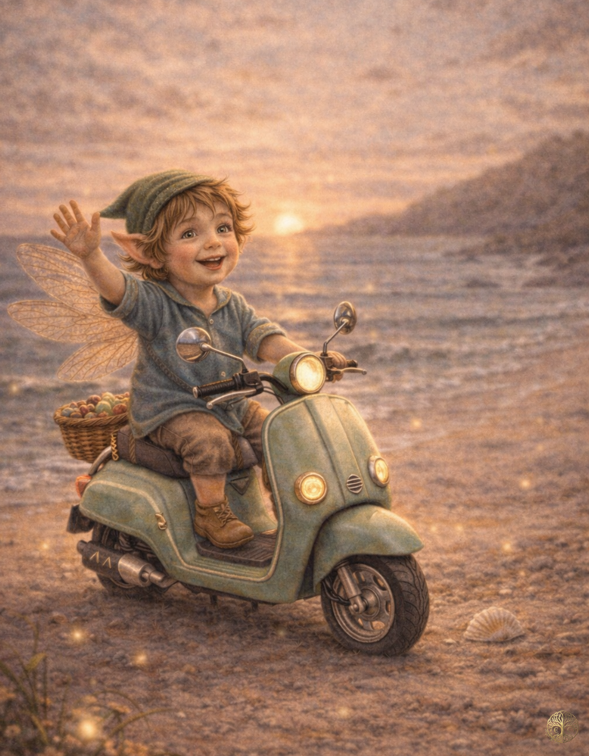 Tiny Travels – Blue Scooter Fairy Art Print | Enchanted Celtic Digital Download