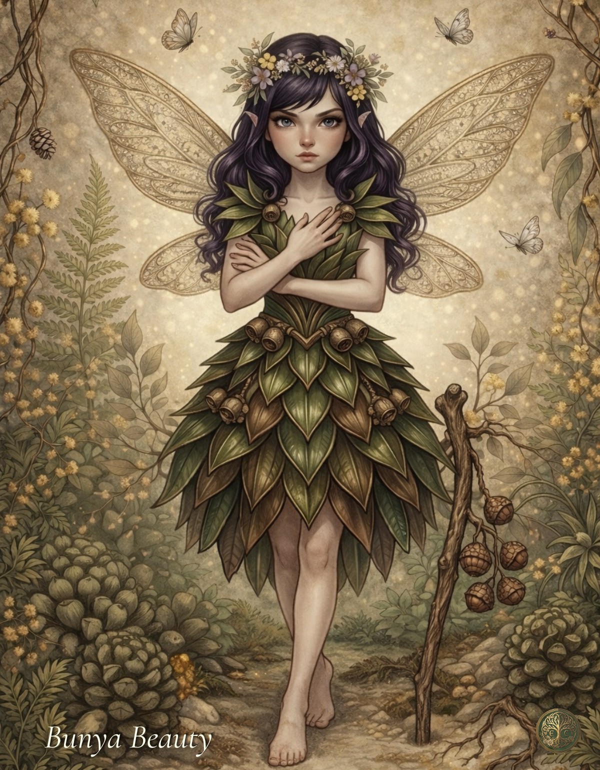 Bunya Beauty Fairy Art Print | Australian Bunya Pine Digital Download | Botanical Fae Wall Art | Vintage Floral Illustration Print