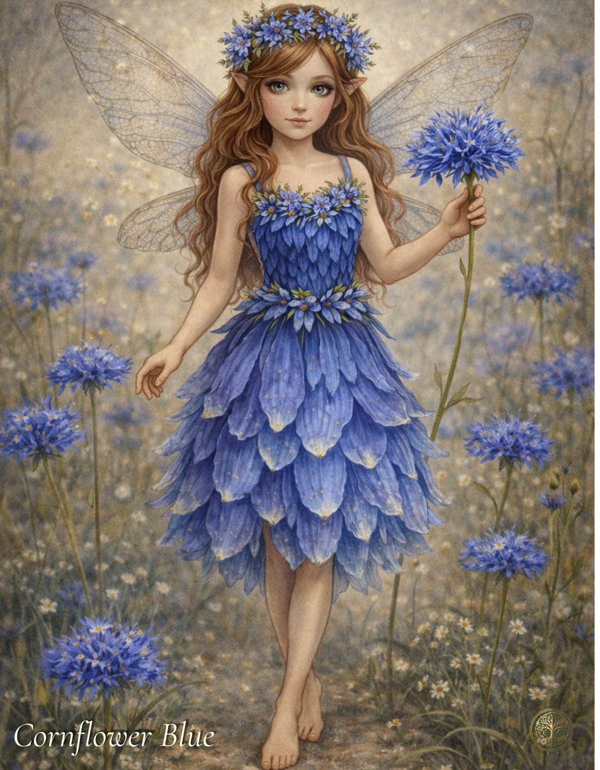 Cornflower Blue Fairy Art Print | Australian Native Cornflower Digital Download | Botanical Fae Wall Art | Floral Illustration Print