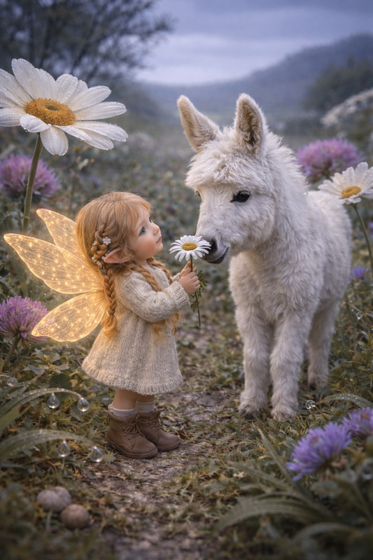 Daisy Days Fairy Art Print | White Donkey Digital Download | Whimsical Fairy Wall Art | Fairymount Tiny Companions