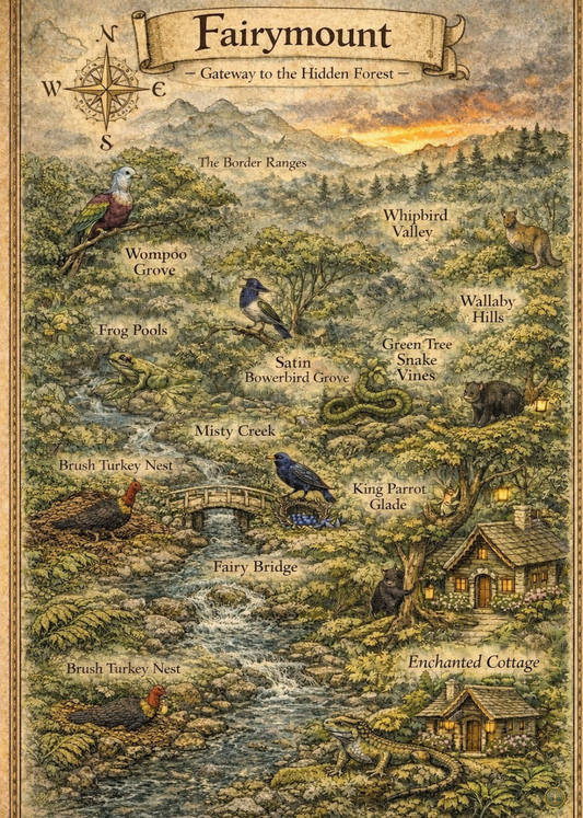 Fairymount Map Art Print | Australian Fairy Forest Digital Download | Fantasy Map Wall Art | Vintage Illustrated Map Print