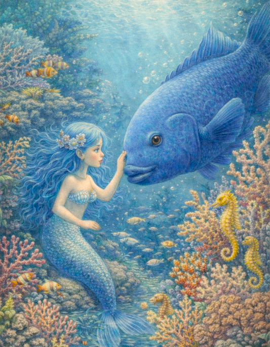 Blue Groper Mermaid Art Print | Great Barrier Reef Digital Download | Underwater Mermaid Wall Art | Watercolour Illustration Print