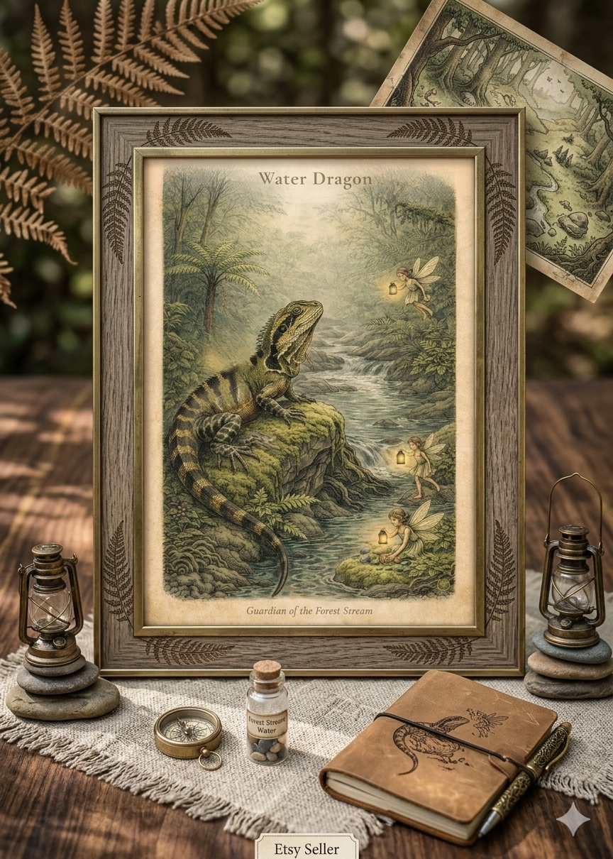 Australian Water Dragon Art Print | Rainforest Reptile Digital Download | Fairy Wall Art | Vintage Naturalist Illustration
