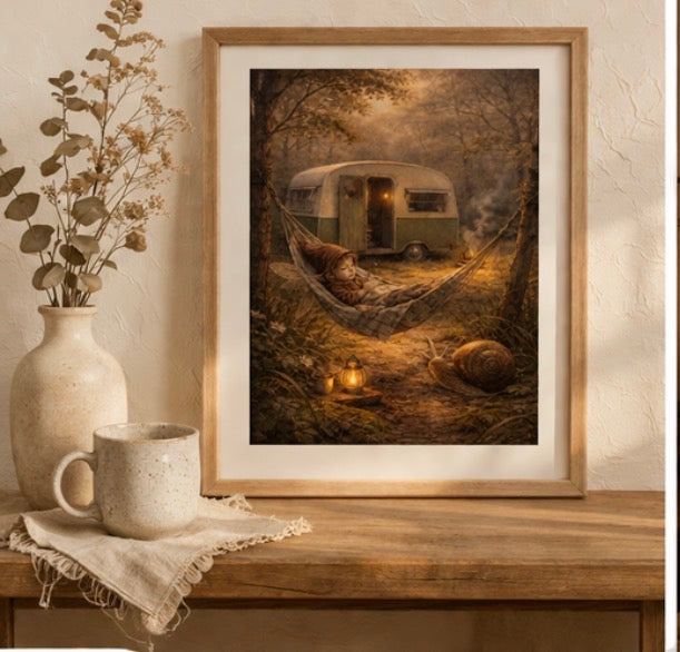 Snail's Pace Fairy Art Print | Hammock Fairy Caravan Digital Download | Cosy Woodland Wall Art | Whimsical Illustration Print