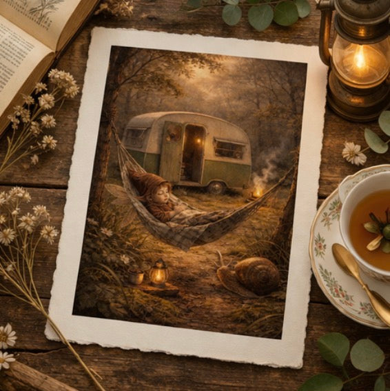 Snail's Pace Fairy Art Print | Hammock Fairy Caravan Digital Download | Cosy Woodland Wall Art | Whimsical Illustration Print