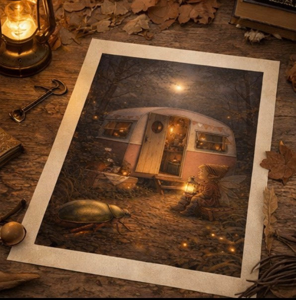 Warm Glow Fairy Art Print | Firefly Forest Caravan Digital Download | Cosy Fairy Wall Art | Whimsical Illustration Print