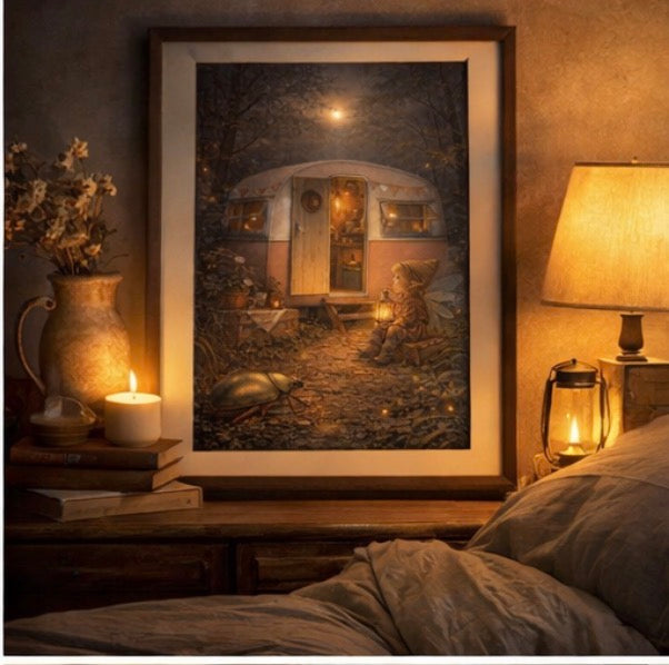 Warm Glow Fairy Art Print | Firefly Forest Caravan Digital Download | Cosy Fairy Wall Art | Whimsical Illustration Print