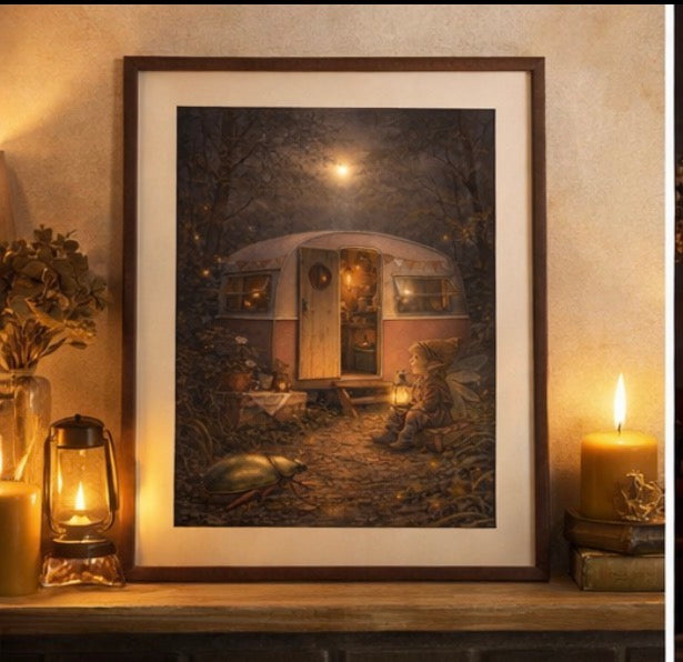 Warm Glow Fairy Art Print | Firefly Forest Caravan Digital Download | Cosy Fairy Wall Art | Whimsical Illustration Print
