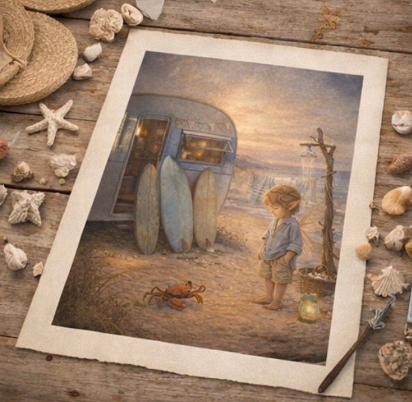 Beach Life Fairy Art Print | Coastal Fairy Caravan Digital Download | Beach Wall Art | Whimsical Illustration Print