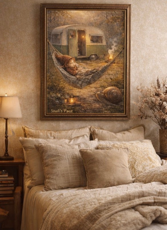 Snail's Pace Fairy Art Print | Hammock Fairy Caravan Digital Download | Cosy Woodland Wall Art | Whimsical Illustration Print