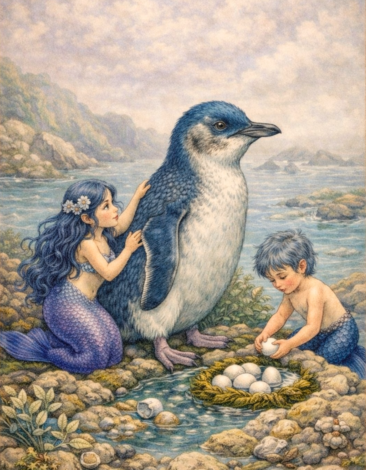 Little Blue Penguin Mermaid Art Print | Australian Penguin Digital Download | Coastal Mermaid Wall Art | Watercolour Illustration Print