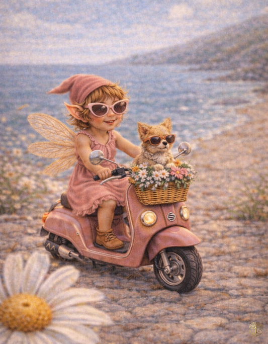 Tiny Travels – Pink Scooter Fairy Art Print | Enchanted Celtic Digital Download