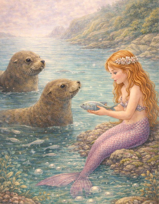 Morning Offering Mermaid Art Print | Australian Fur Seal Digital Download | Coastal Mermaid Wall Art | Watercolour Illustration Print