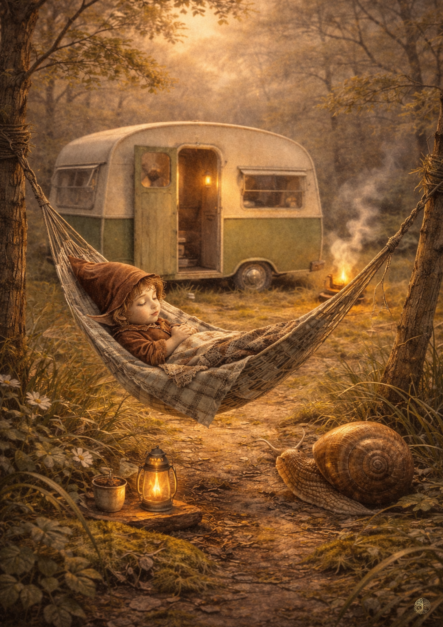 Snail's Pace Fairy Art Print | Hammock Fairy Caravan Digital Download | Cosy Woodland Wall Art | Whimsical Illustration Print