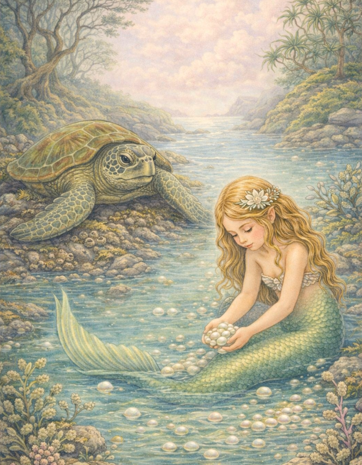Nature's Pearls Mermaid Art Print | Sea Turtle Digital Download | Coastal Mermaid Wall Art | Watercolour Illustration Print