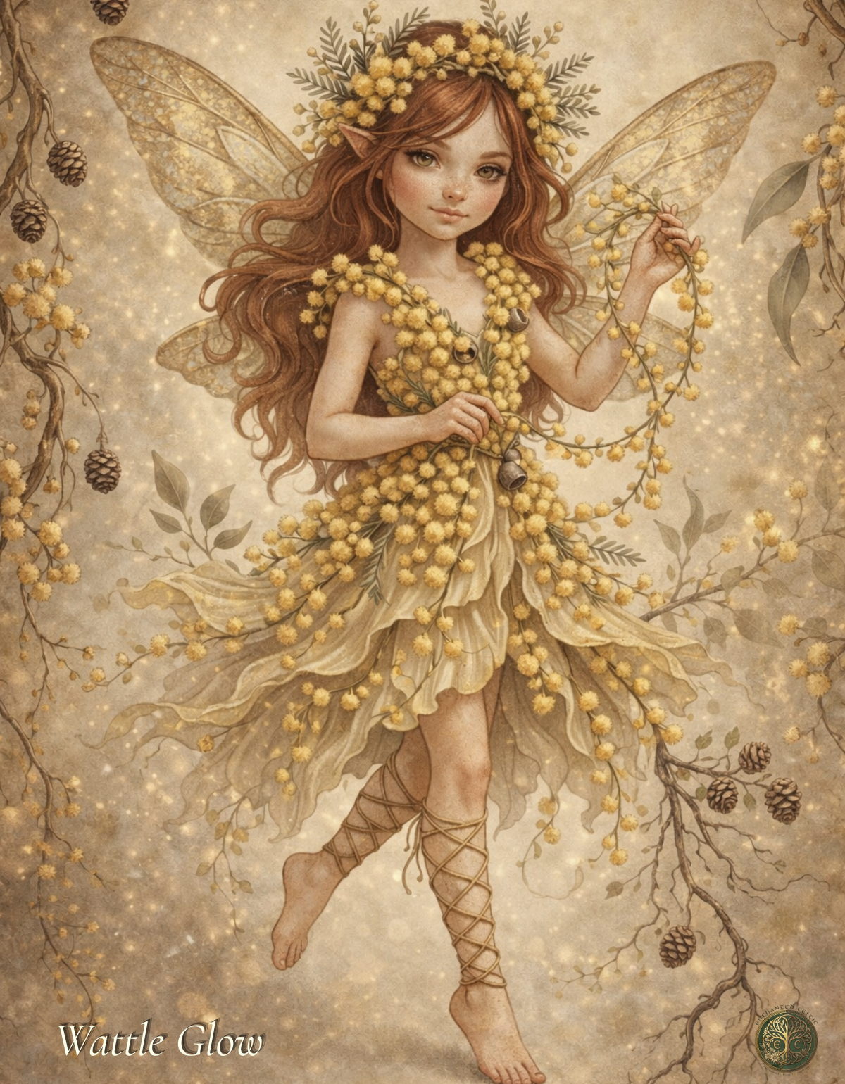 Wattle Glow Fairy Art Print | Golden Wattle Digital Download | Australian Botanical Fae Wall Art | Floral Illustration Print