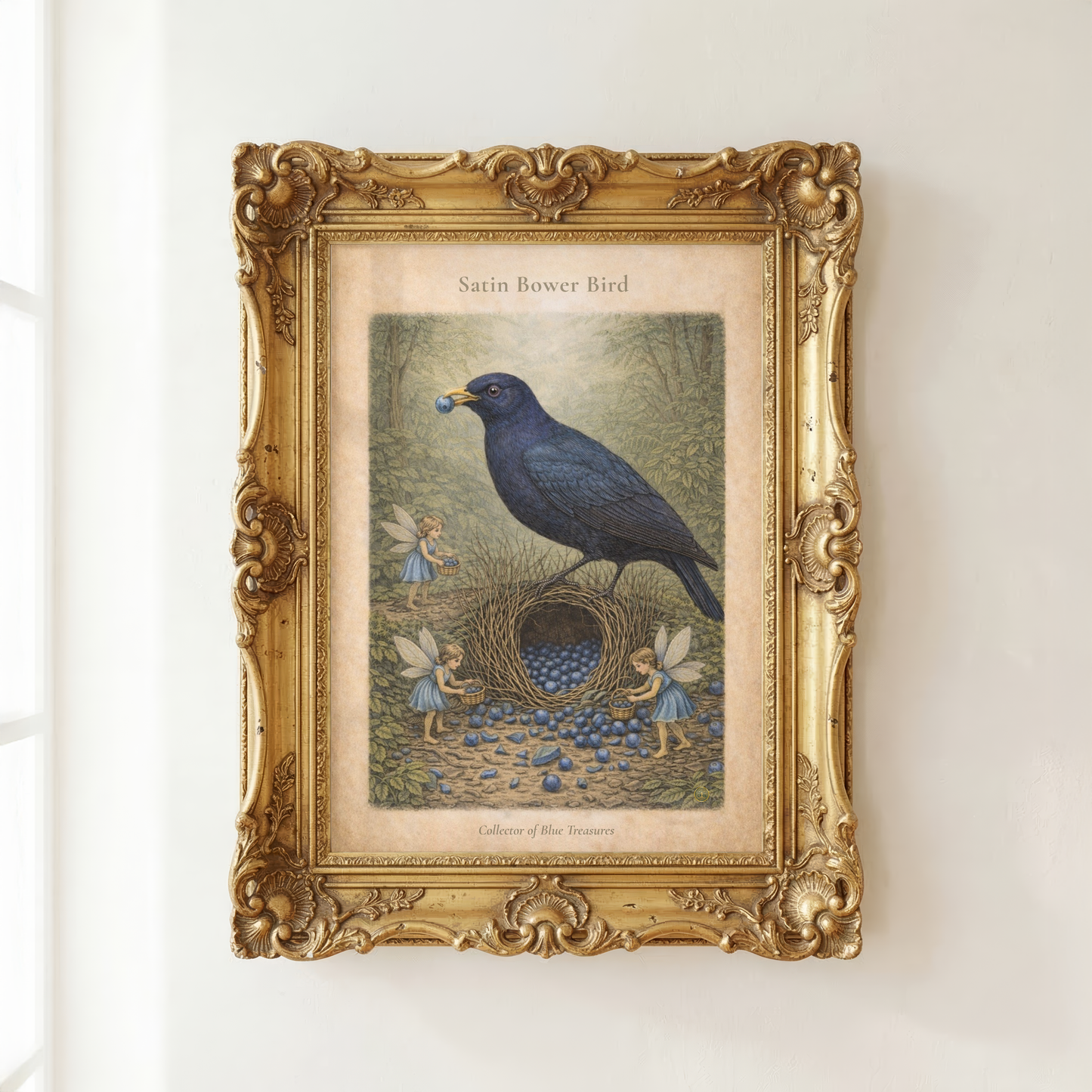 Satin Bowerbird Art Print | Australian Bird Digital Download | Fairy Wall Art | Vintage Naturalist Illustration Print