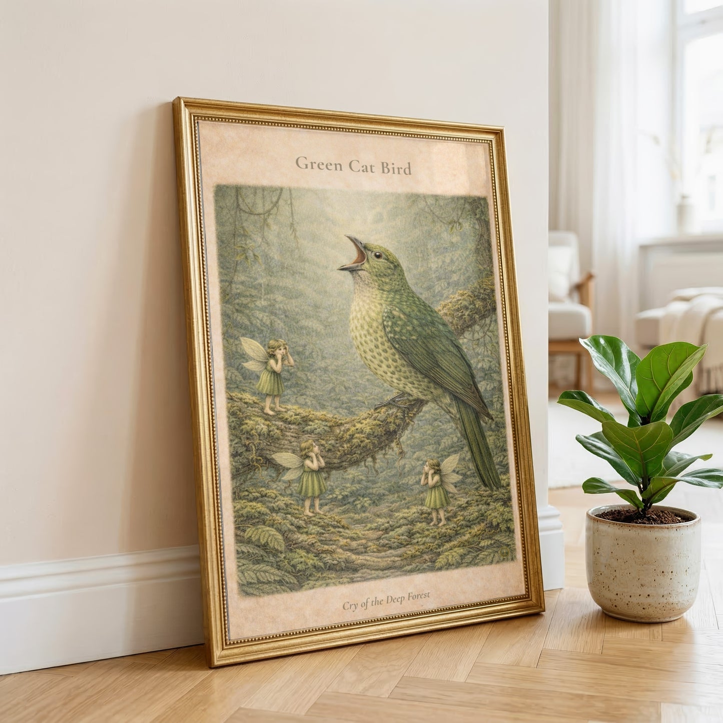 Green Catbird Art Print | Australian Rainforest Bird Digital Download | Fairy Wall Art | Vintage Naturalist Illustration Print