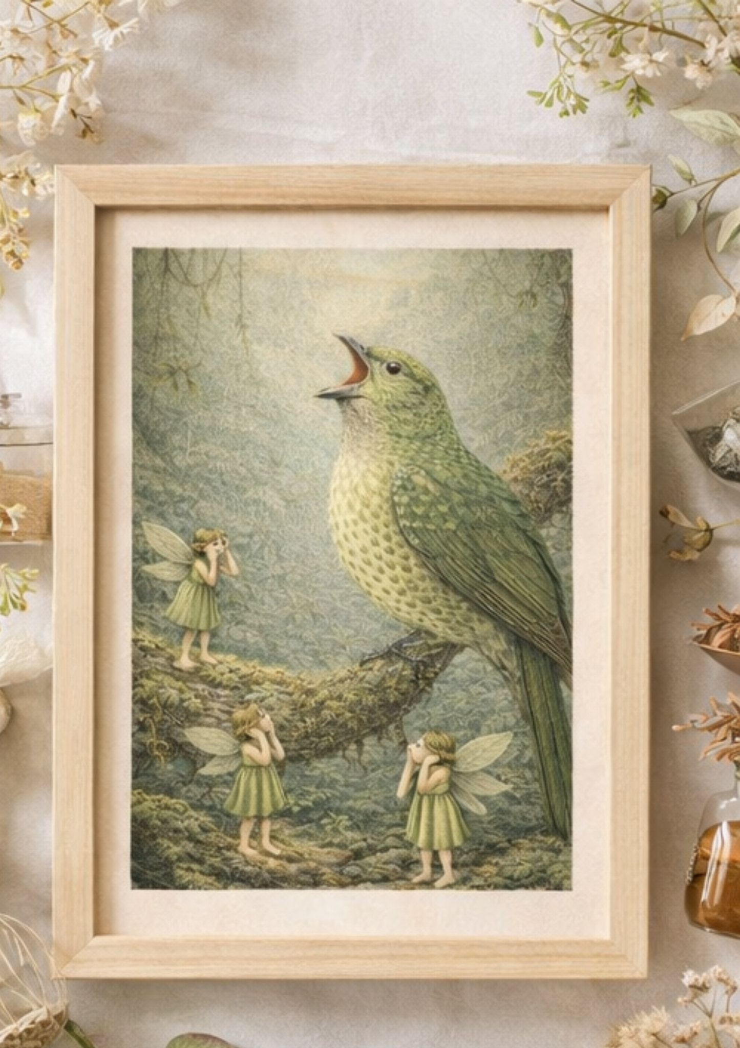 Green Catbird Art Print | Australian Rainforest Bird Digital Download | Fairy Wall Art | Vintage Naturalist Illustration Print