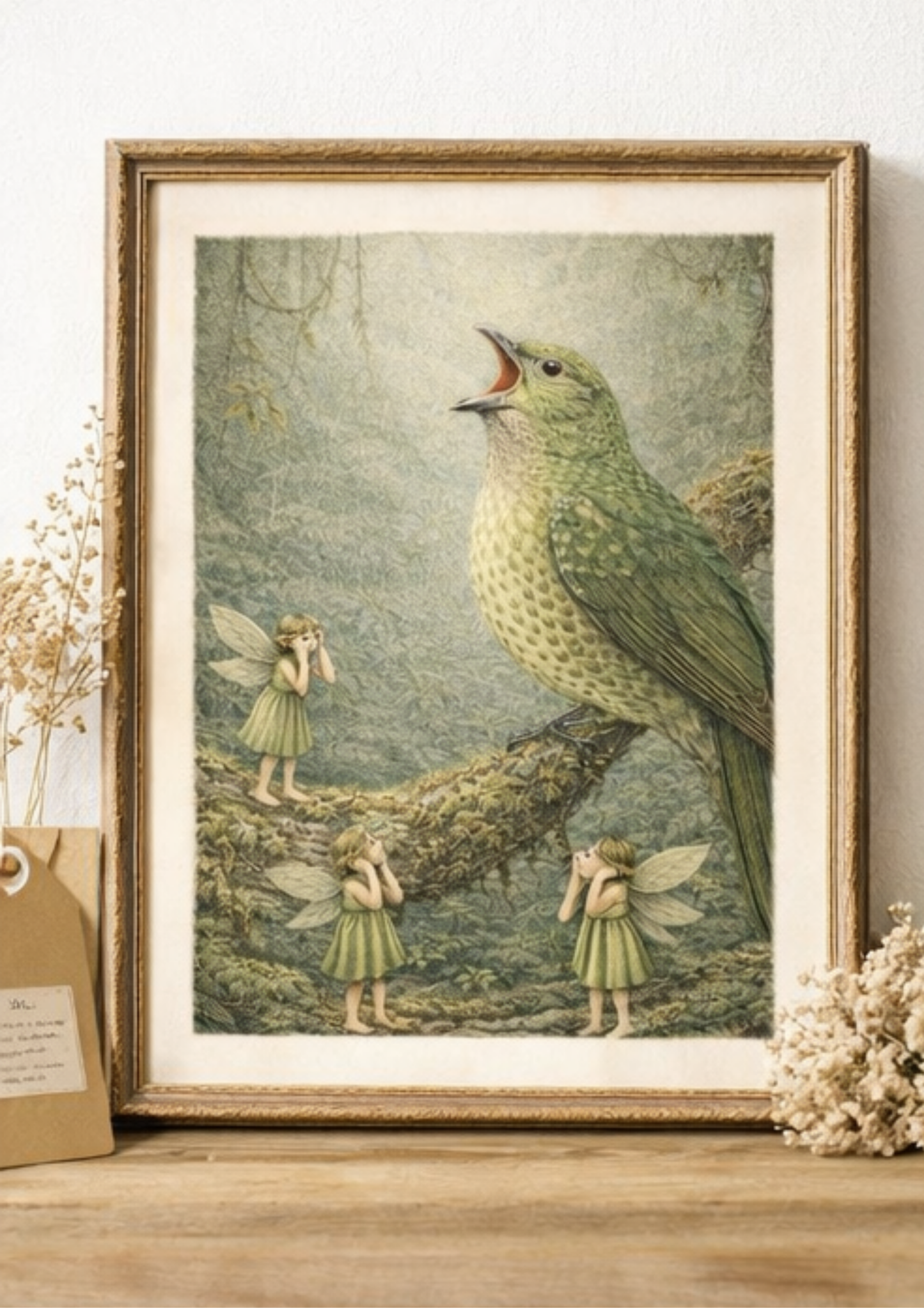 Green Catbird Art Print | Australian Rainforest Bird Digital Download | Fairy Wall Art | Vintage Naturalist Illustration Print