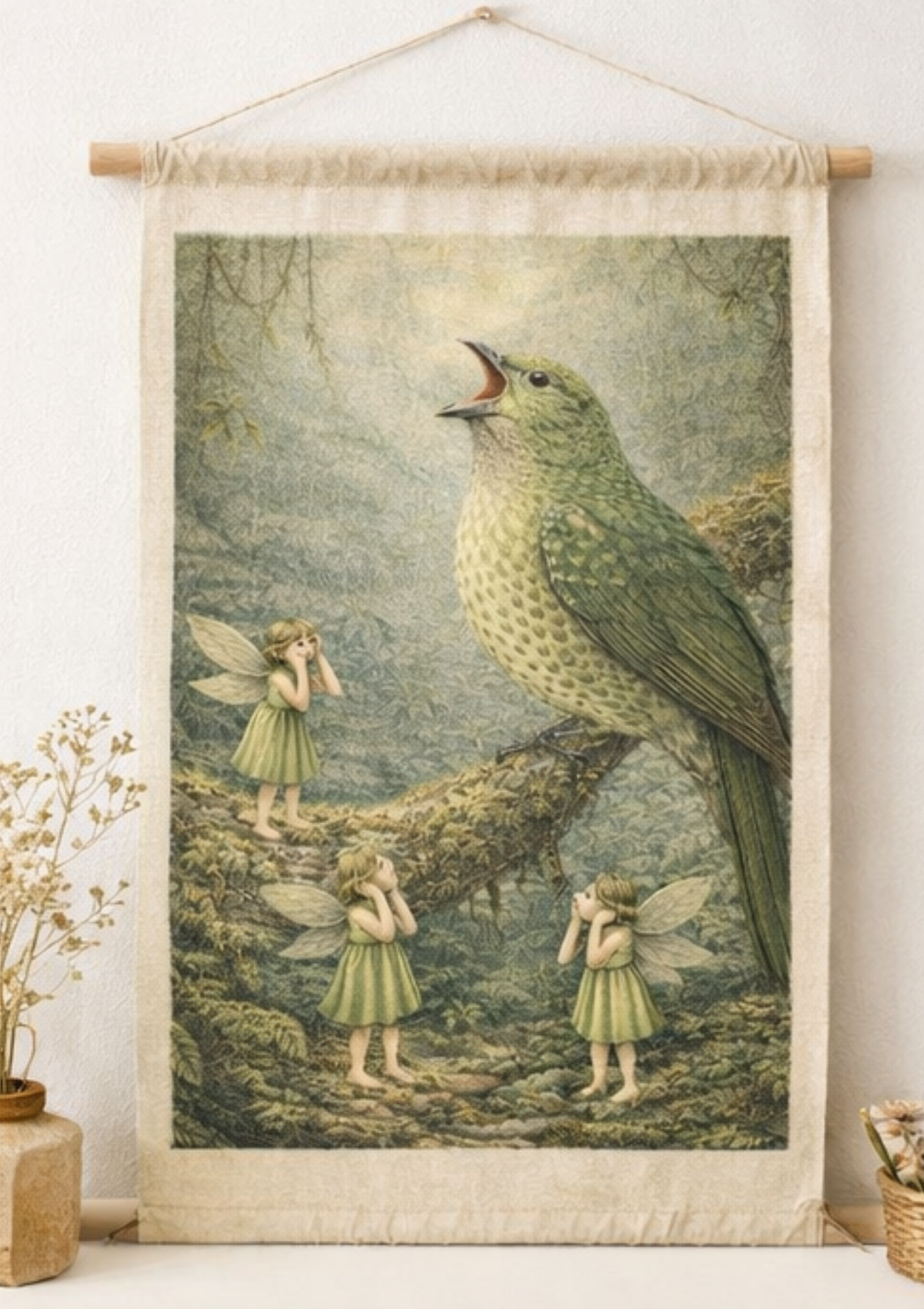 Green Catbird Art Print | Australian Rainforest Bird Digital Download | Fairy Wall Art | Vintage Naturalist Illustration Print