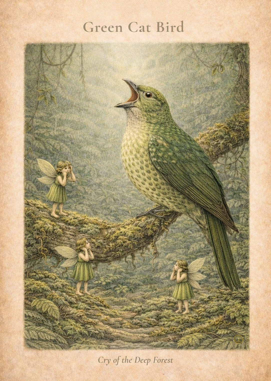 Green Catbird Art Print | Australian Rainforest Bird Digital Download | Fairy Wall Art | Vintage Naturalist Illustration Print