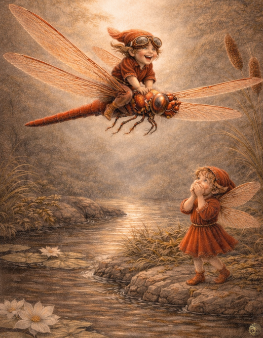 Dragonfly Rider Art Print | Australian Dragonfly Digital Download | Elf Fairy Wall Art | Vintage Naturalist Illustration Print