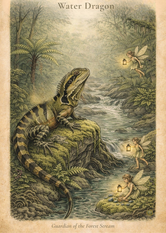 Australian Water Dragon Art Print | Rainforest Reptile Digital Download | Fairy Wall Art | Vintage Naturalist Illustration