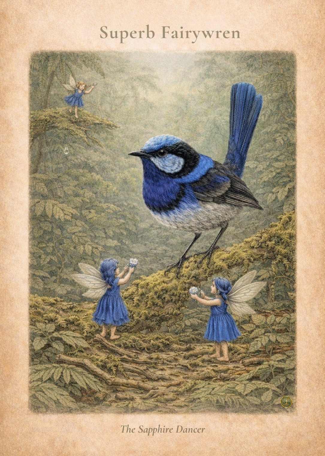 Superb Fairy Wren Art Print | Blue Wren Digital Download | Fairy Woodland Wall Art | Vintage Naturalist Illustration Print