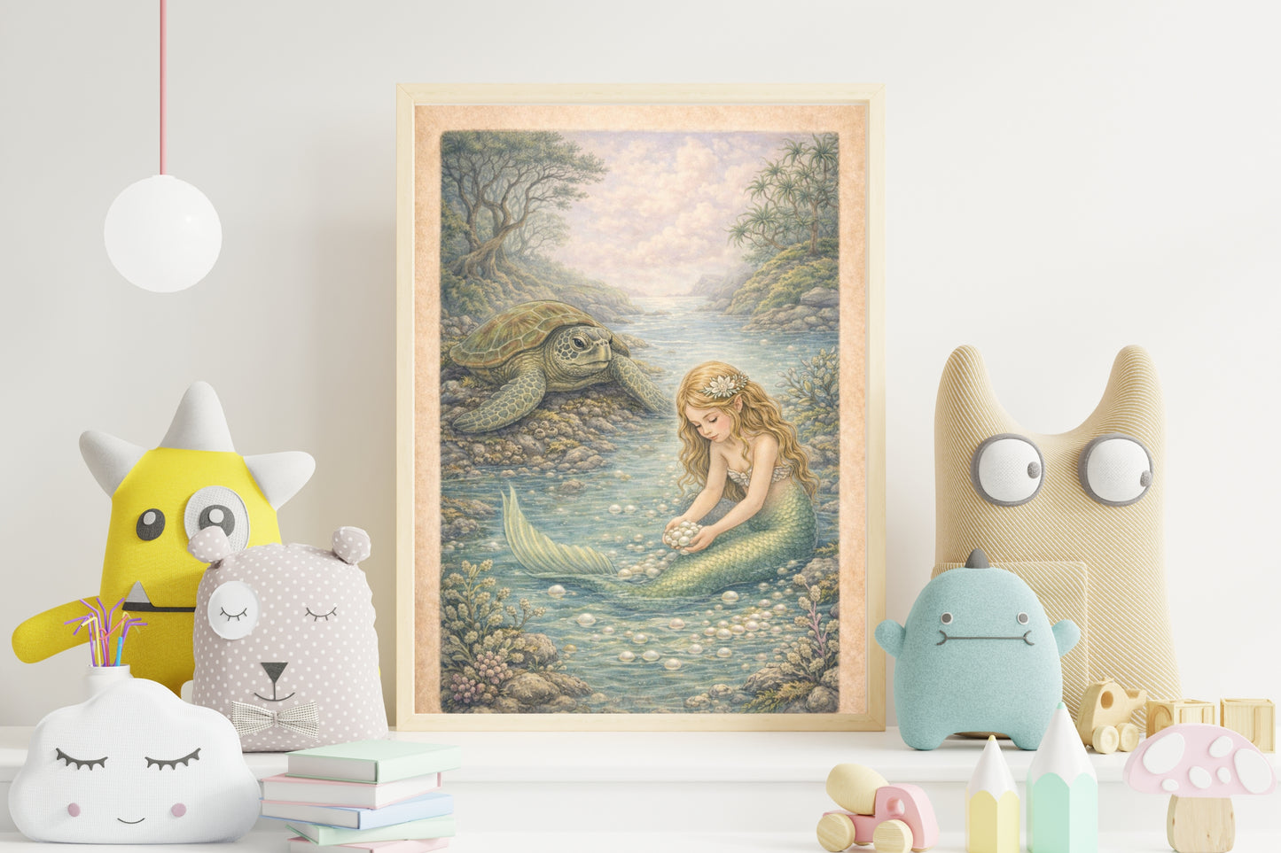 Nature's Pearls Mermaid Art Print | Sea Turtle Digital Download | Coastal Mermaid Wall Art | Watercolour Illustration Print