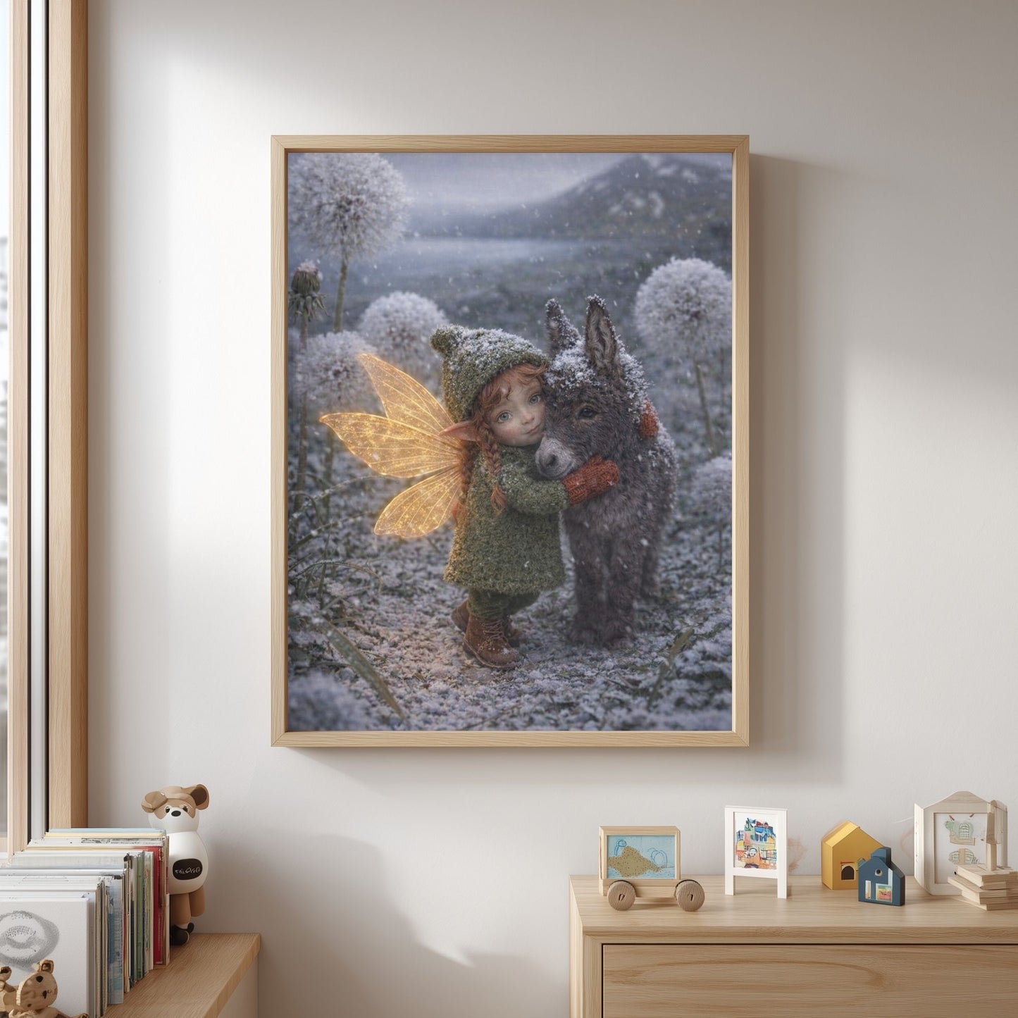 Winter Warmth Fairy Art Print | Grey Donkey Digital Download | Whimsical Fairy Wall Art | Fairymount Tiny Companions