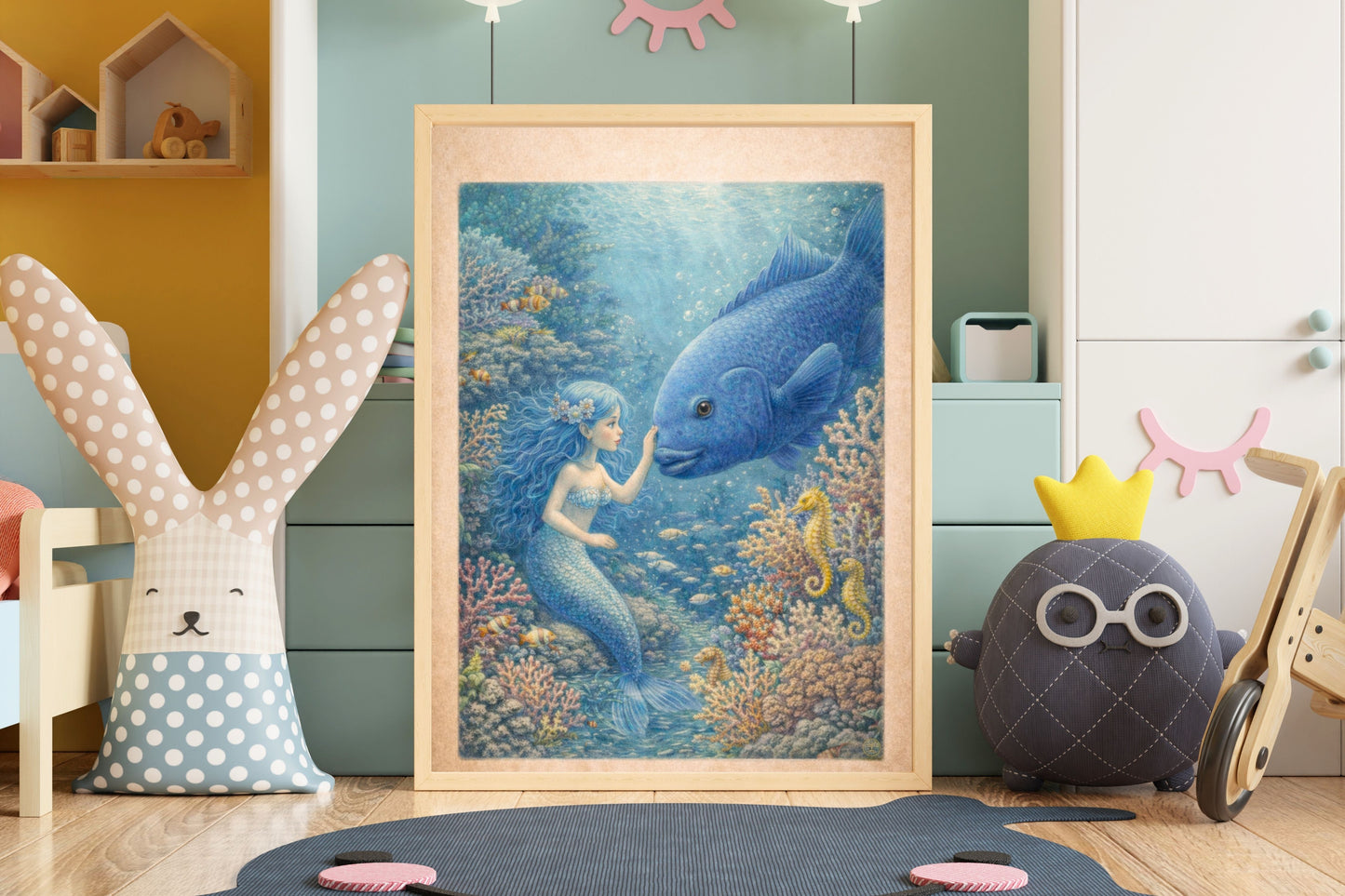 Blue Groper Mermaid Art Print | Great Barrier Reef Digital Download | Underwater Mermaid Wall Art | Watercolour Illustration Print