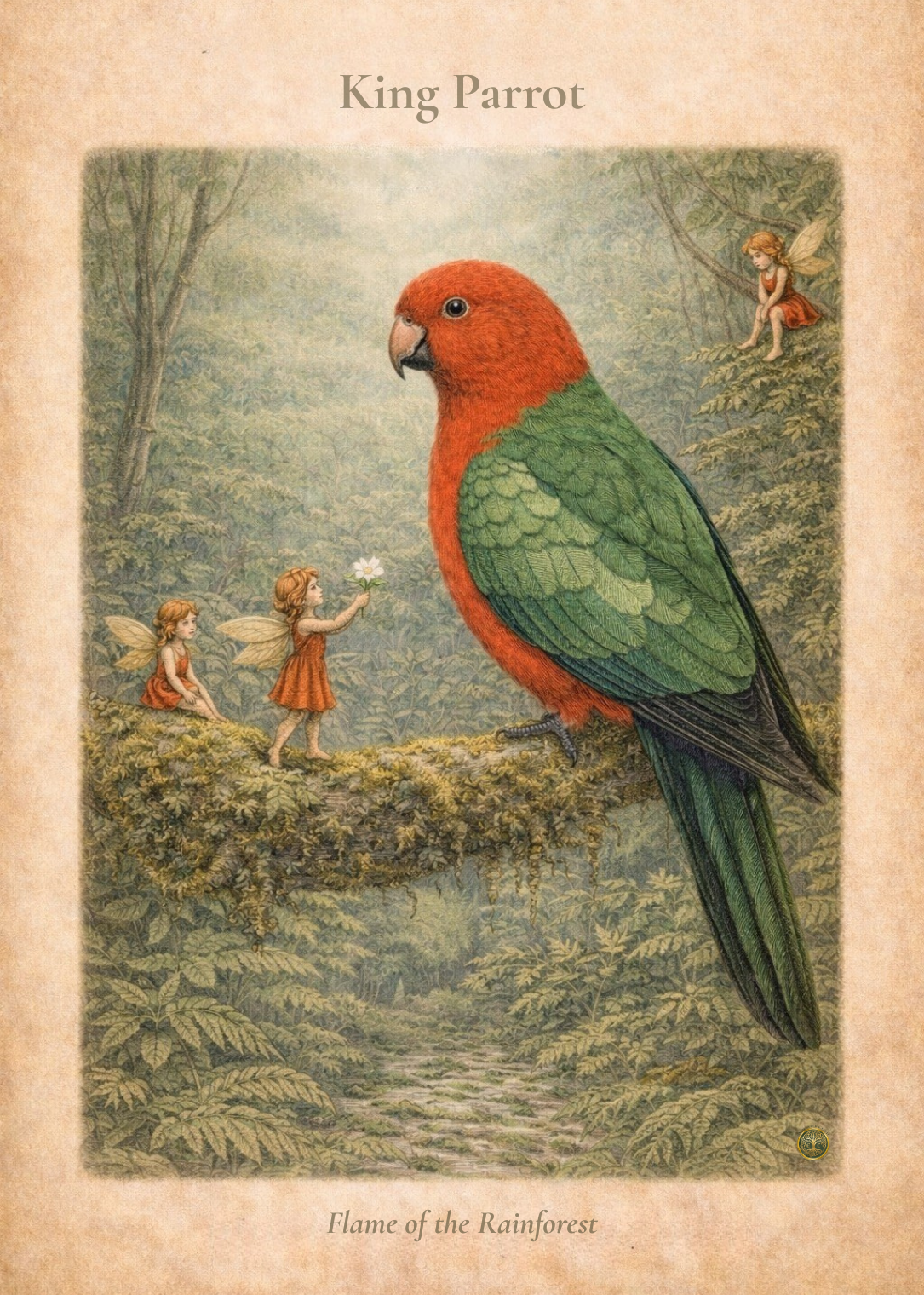 King Parrot Art Print | Australian Bird Digital Download | Fairy Rainforest Wall Art | Vintage Naturalist Illustration Print