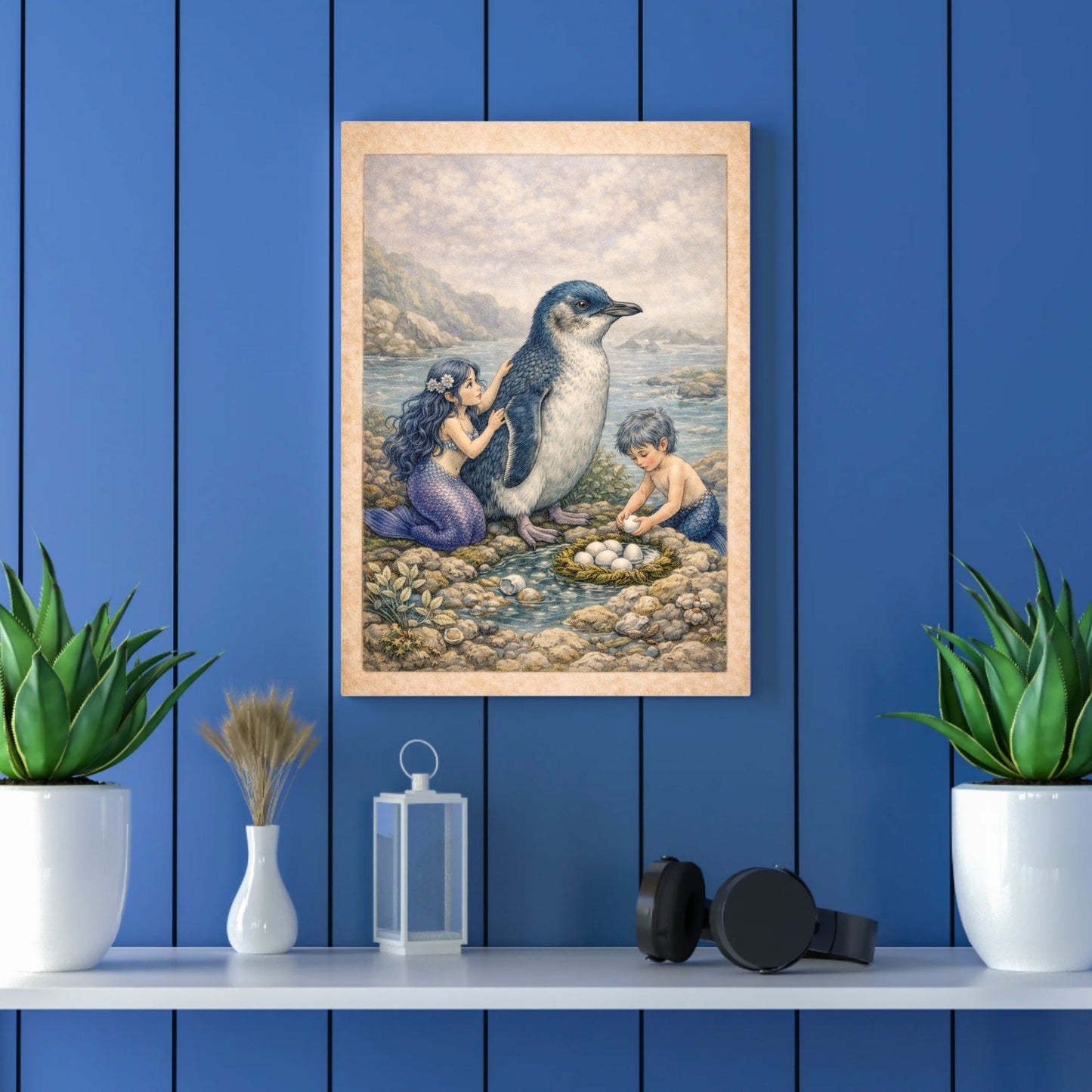 Little Blue Penguin Mermaid Art Print | Australian Penguin Digital Download | Coastal Mermaid Wall Art | Watercolour Illustration Print
