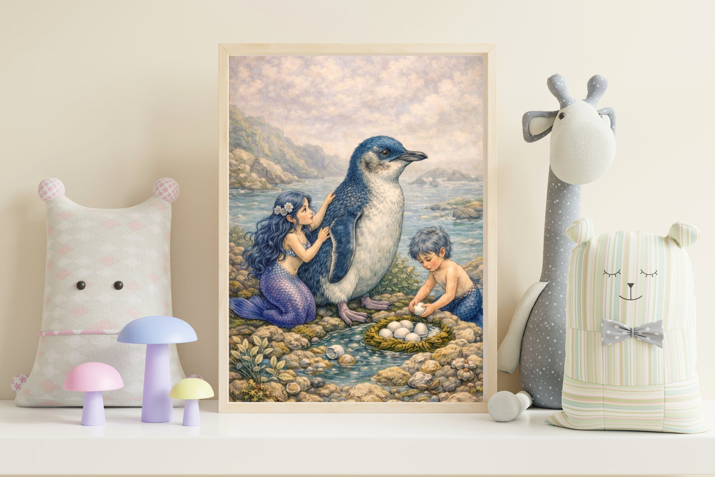 Little Blue Penguin Mermaid Art Print | Australian Penguin Digital Download | Coastal Mermaid Wall Art | Watercolour Illustration Print