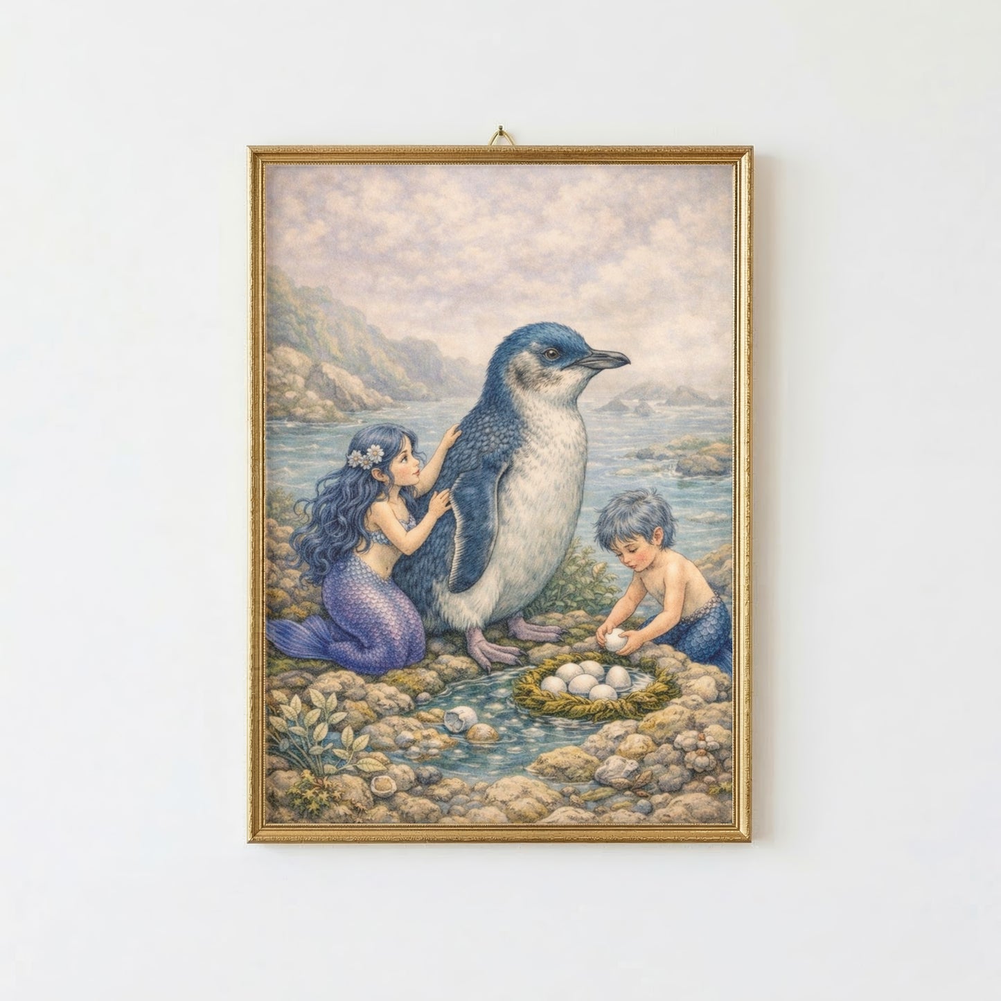 Little Blue Penguin Mermaid Art Print | Australian Penguin Digital Download | Coastal Mermaid Wall Art | Watercolour Illustration Print