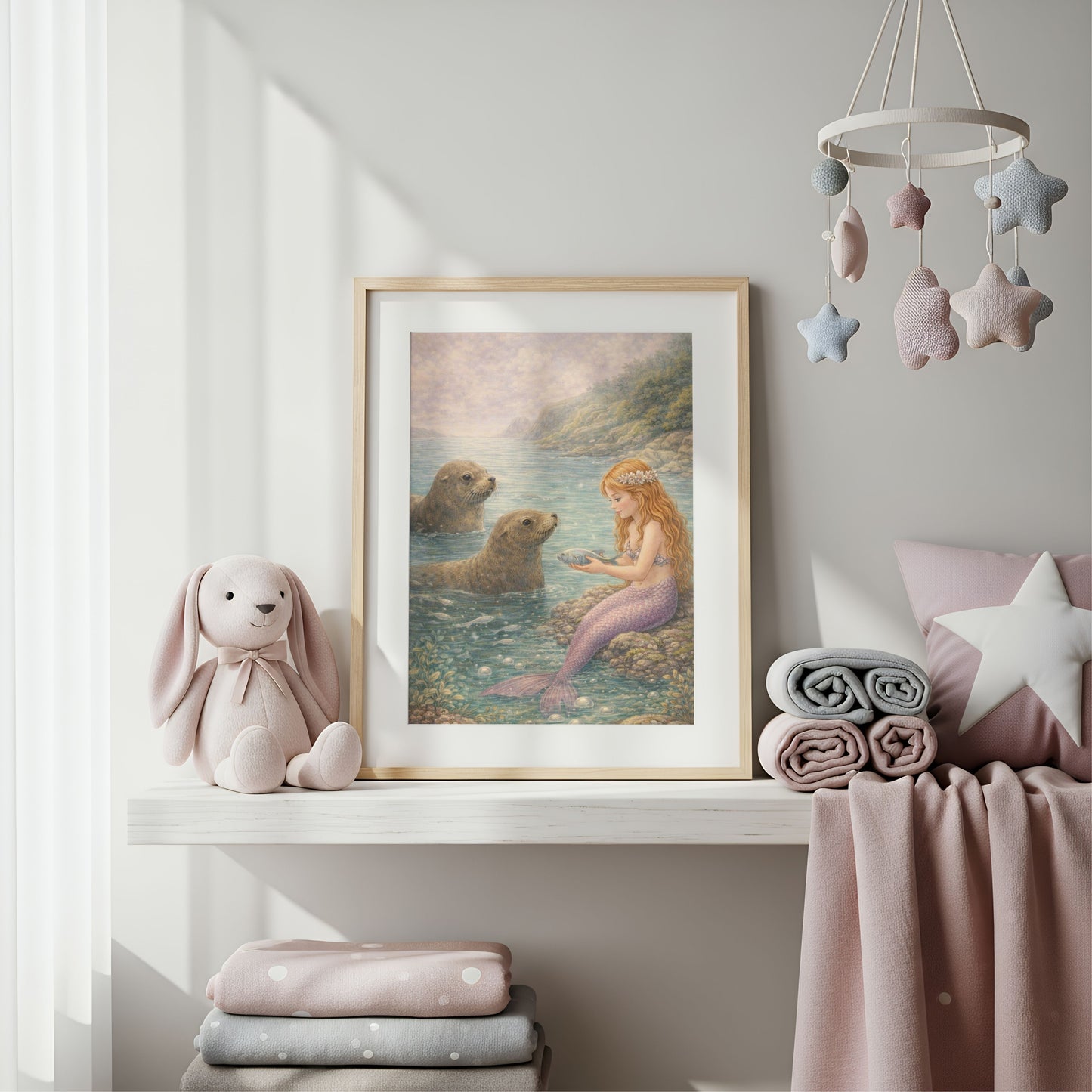 Morning Offering Mermaid Art Print | Australian Fur Seal Digital Download | Coastal Mermaid Wall Art | Watercolour Illustration Print